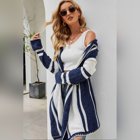 Long Hooded Oversized Knit Open Front Drape Cardigan Handkerchief Bohemian Chic - Picture 9 of 14